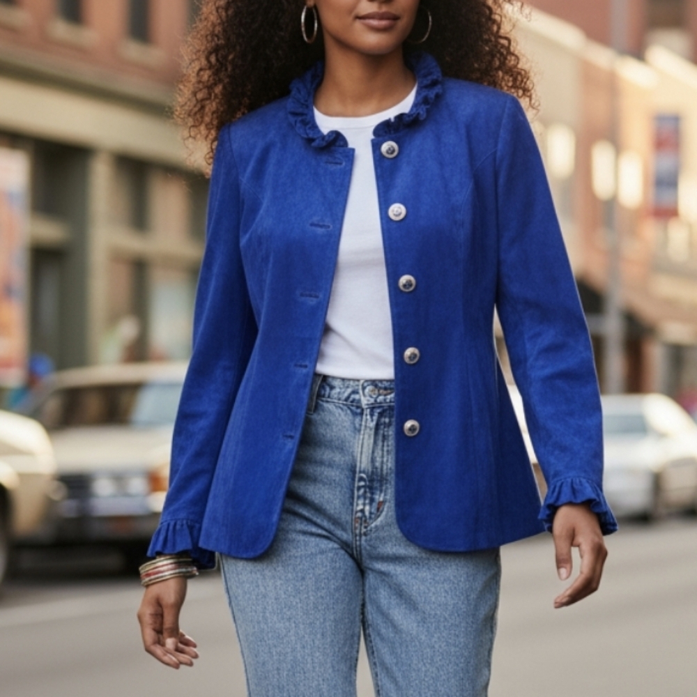 Royal blue NWT 80s vintage danier leather ruffled suede jacket RARE